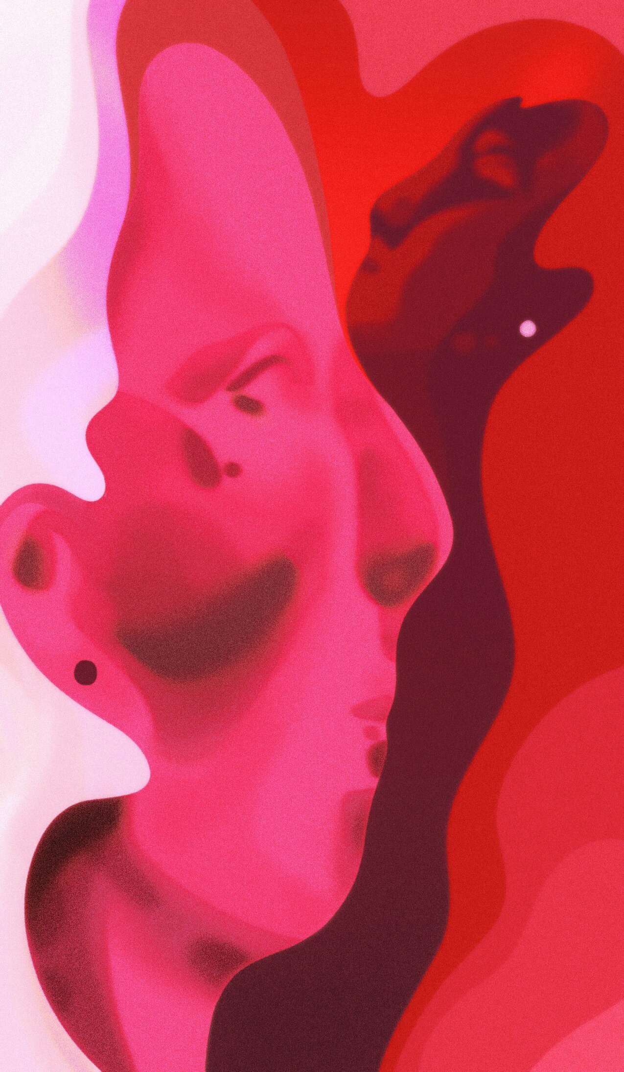 Impressionistic illustration in reds and pinks of two overlapping faces, one in the foreground and one in the background, that face each other