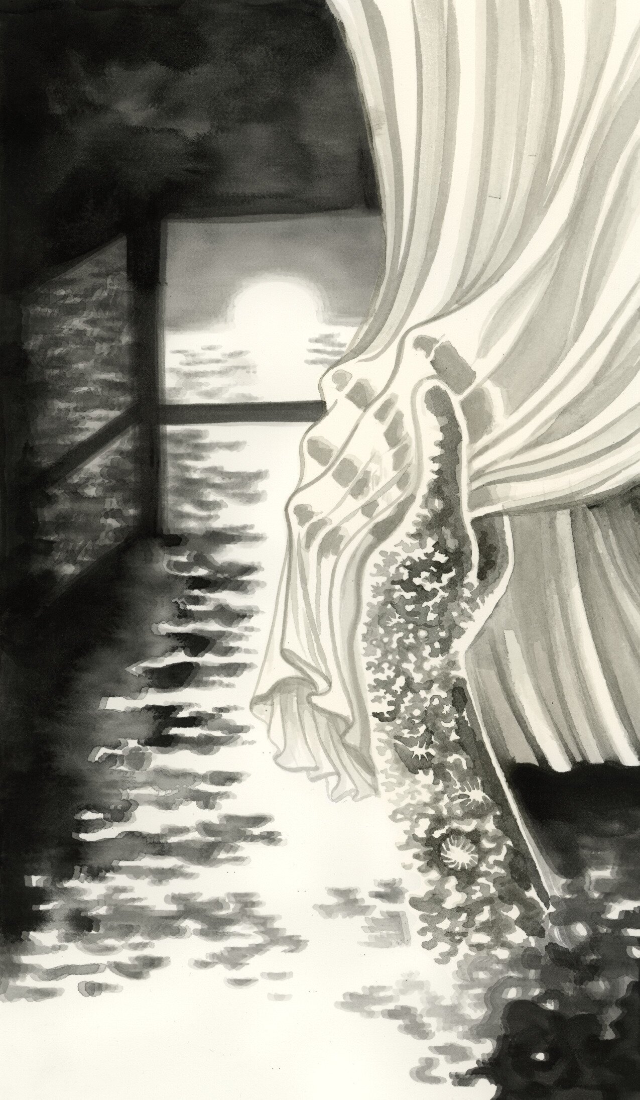 Black and white illustration shows a hand coming out of the foreground to grip fabric handing from above. There are windows in the background with a sun setting or rising.