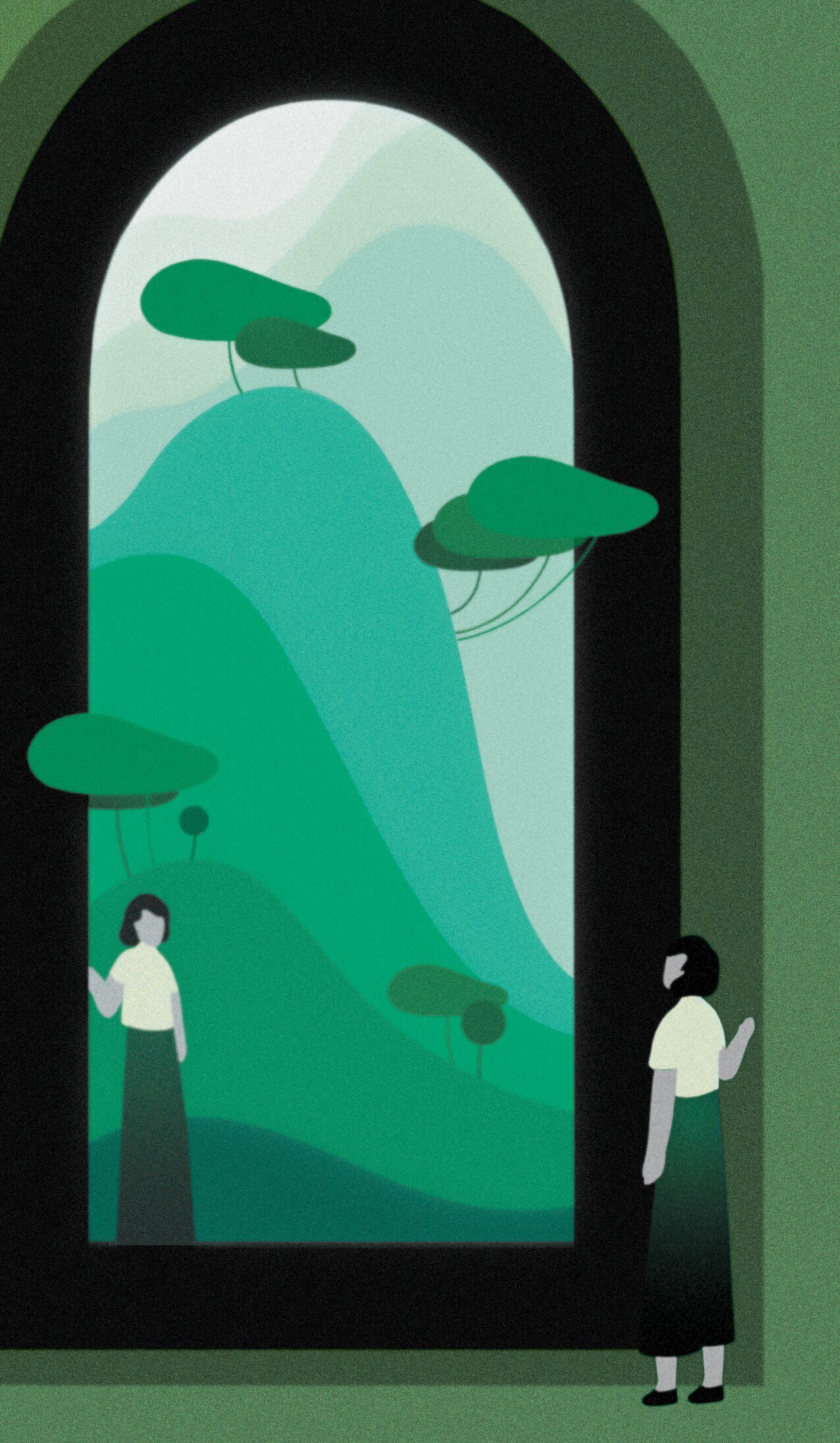 Illustration largely in soft greens shows a figure looking into a large portal-like mirror with mountains and trees in the background
