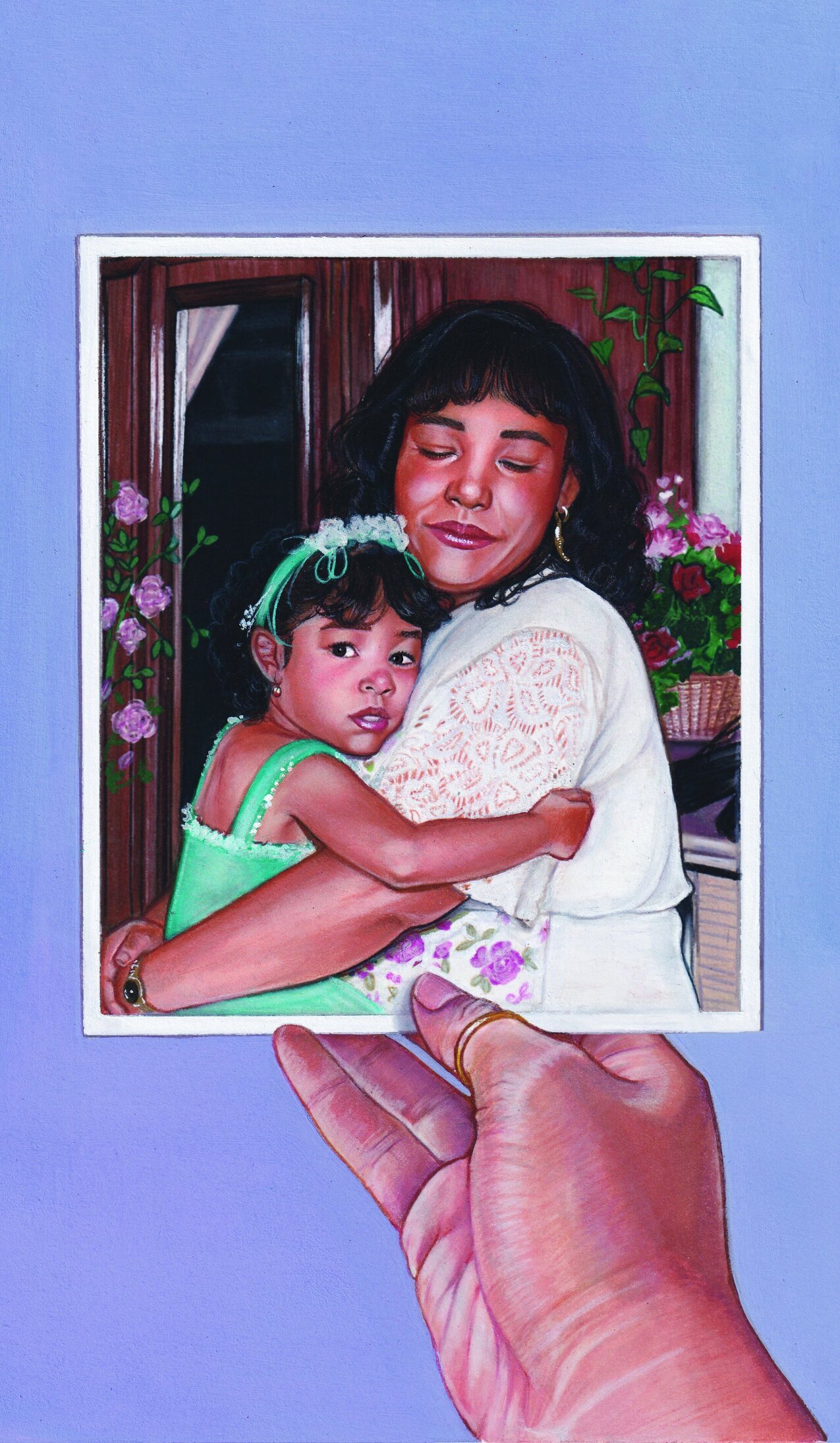 Realistic illustration shows a hand holding a photograph of a small child and an adult who looks like her holding one another with flowers in the background.