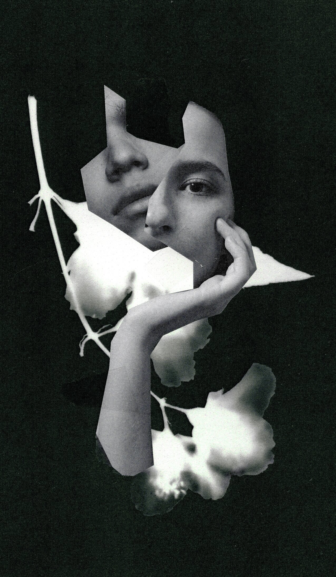 Collage with two pieces of a face overlapping and a hand below that the face is resting on. There are also white and gray cutouts and a black background.