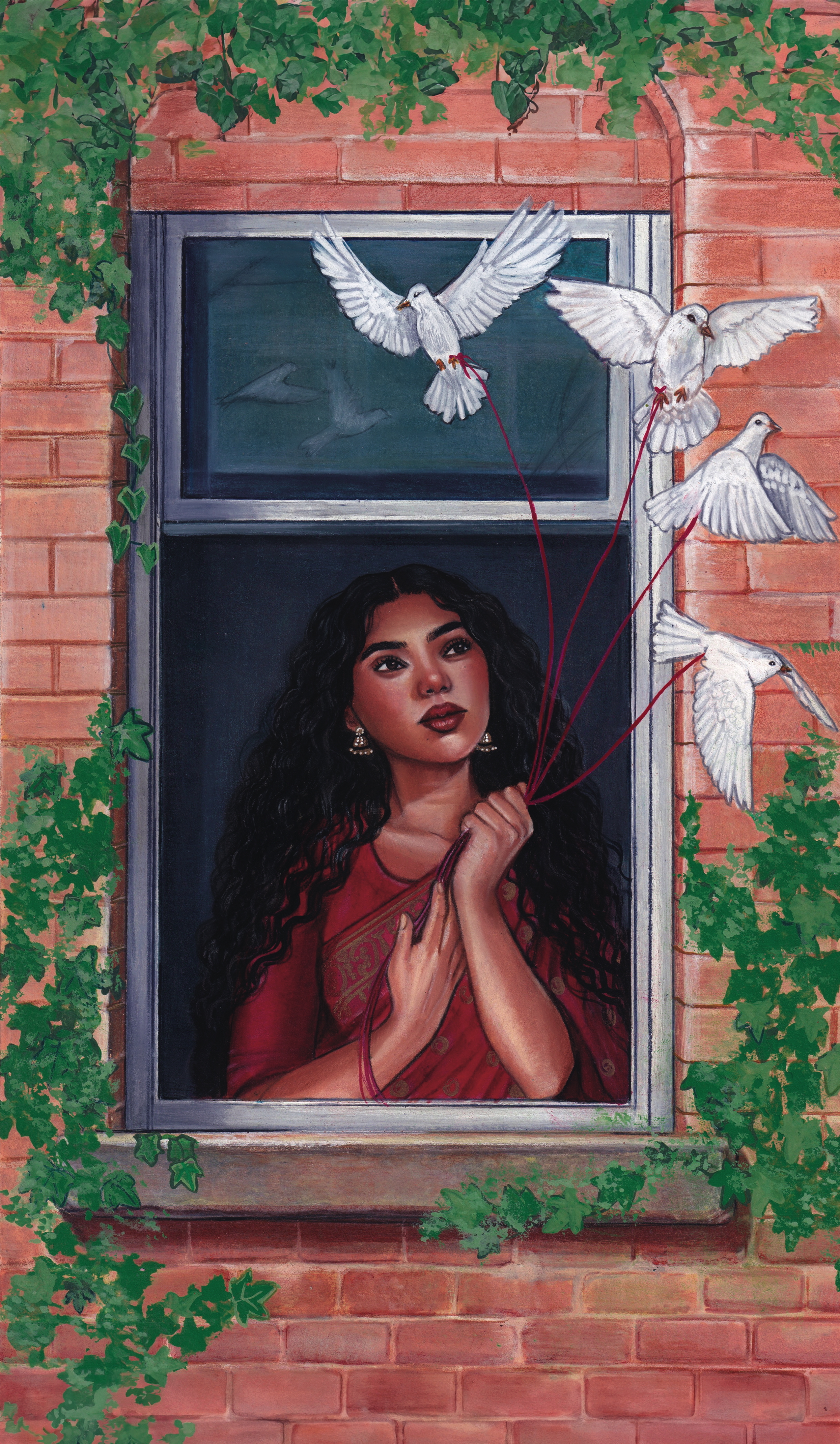 Realistic illustration shows a person with long dark hair looking out a window while holding strings tied to white doves. The window is surrounded by breaks and ivy.