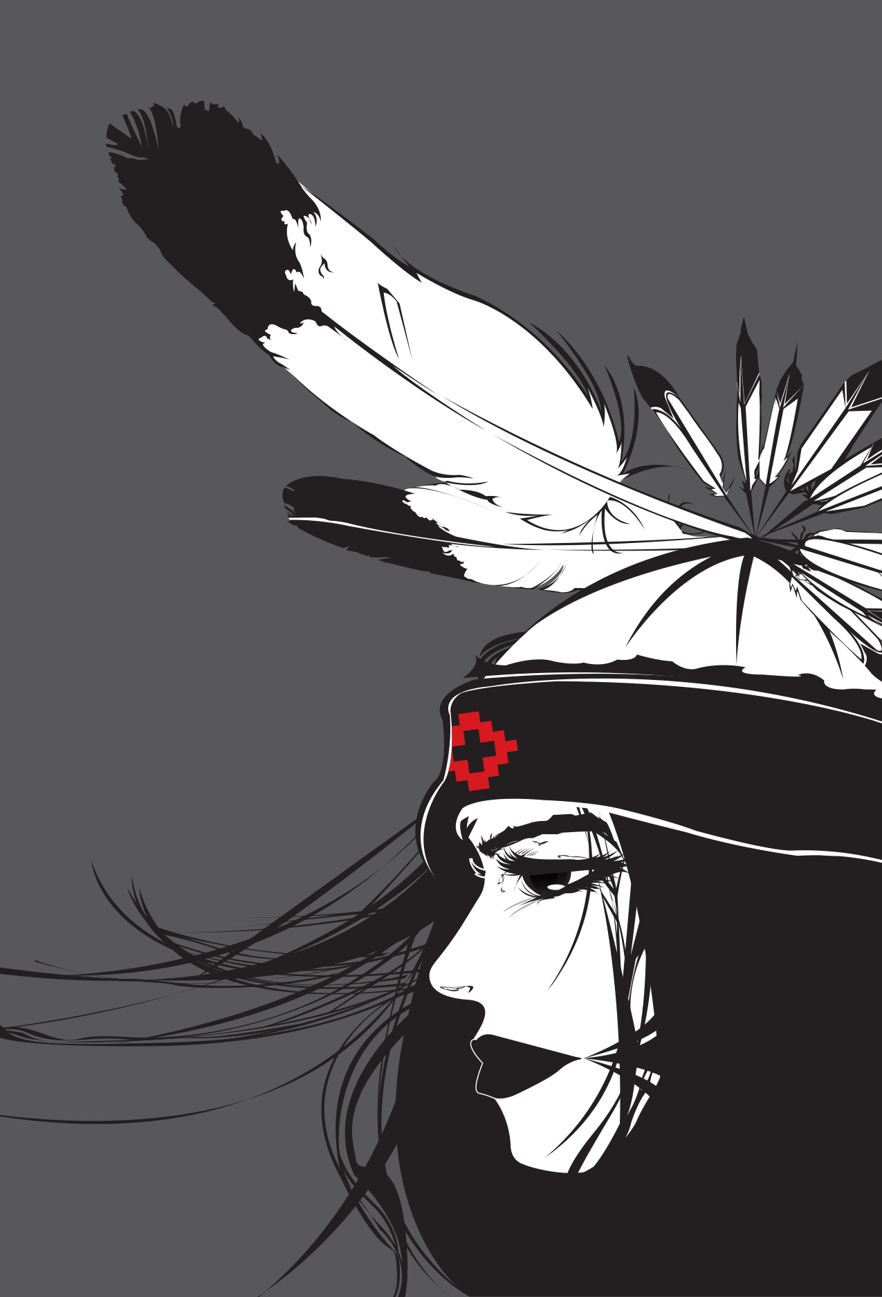 Illustration by Jolene (Bean) Nenibah Yazzie of a native woman's side profile in front of a grey background