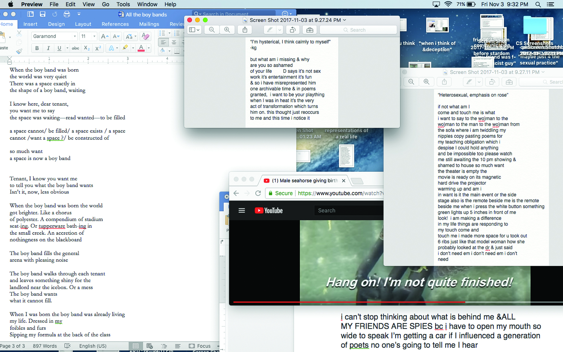 A screenshot of a computer desktop with multiple windows open from YouTube and word processors.