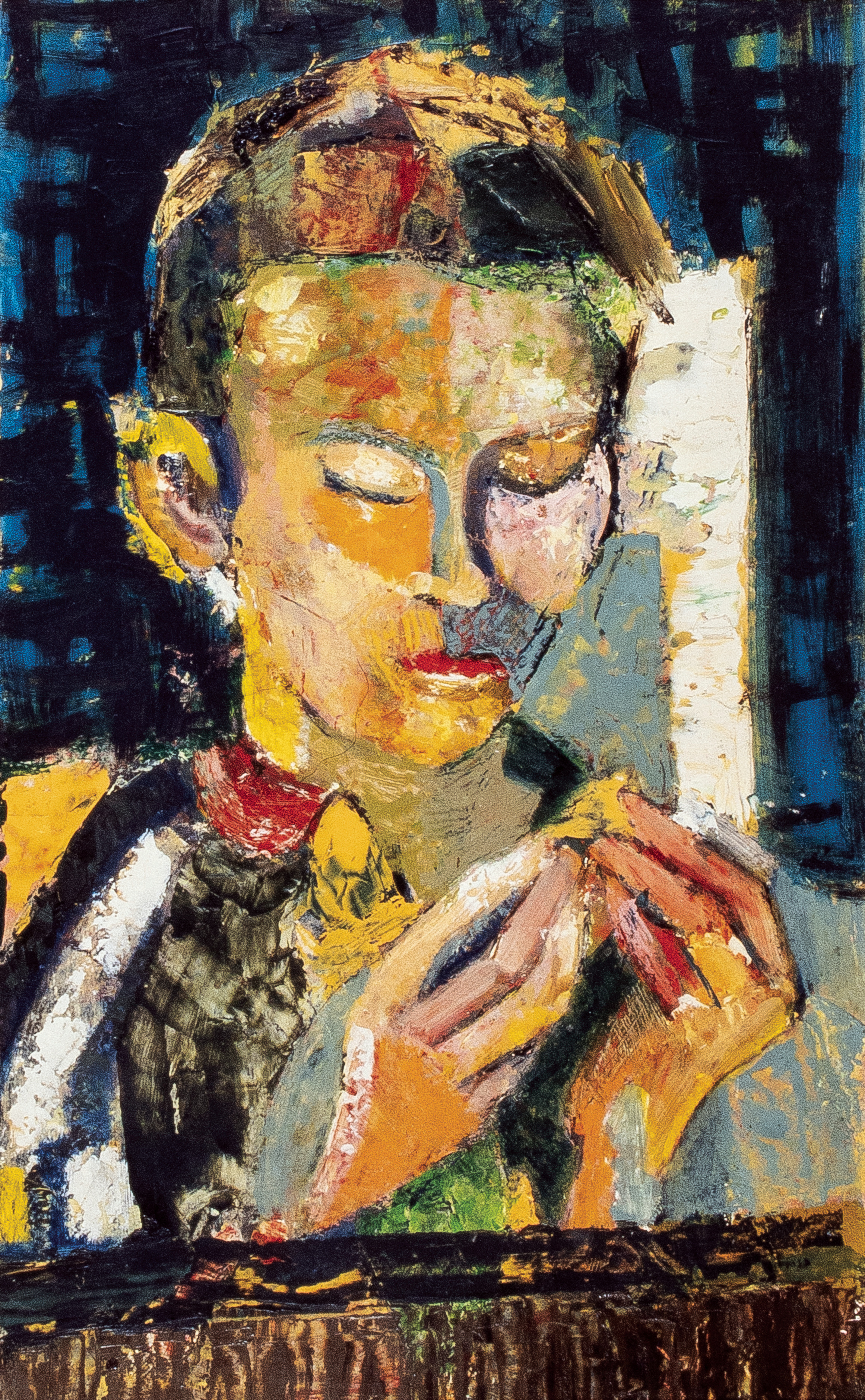 Portrait with Hands, oil on particle board, 1950s.
