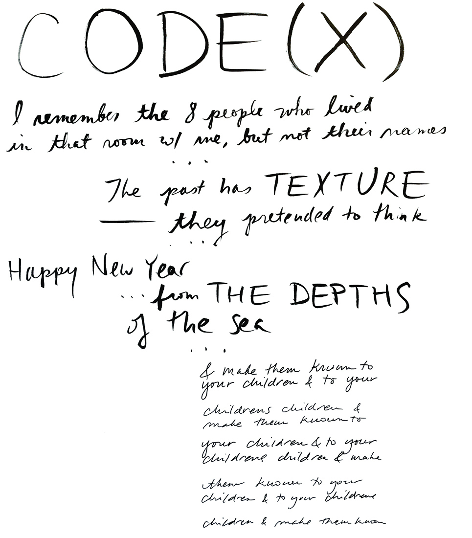 A handwritten note on a white background. It begins, "CODE(X) I remember the 8 people who lived..."