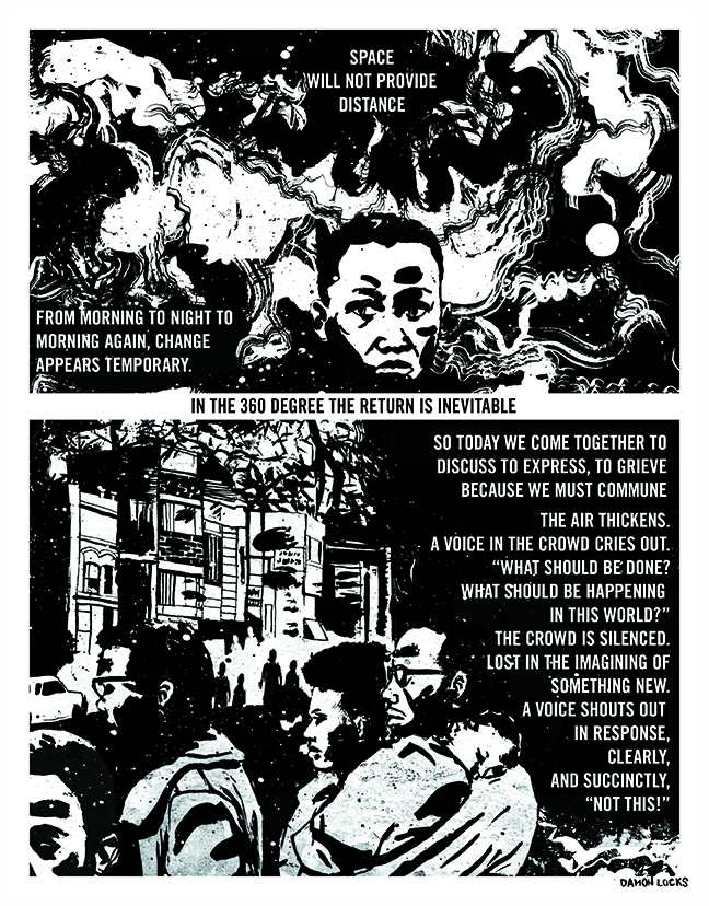 A black and white comic by Damon Locks