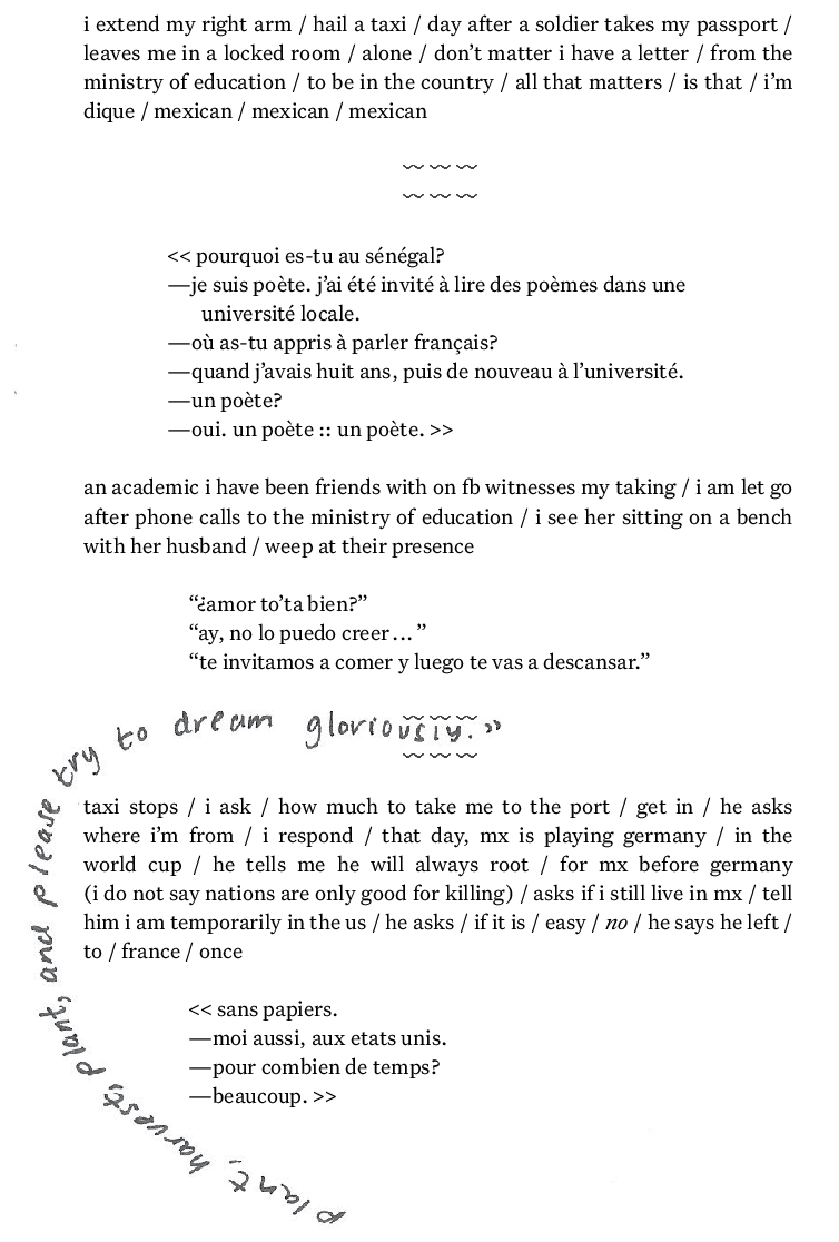 Lineated, typed poem with additional handwritten text that swirls up from the end of the poem back to near the beginning.