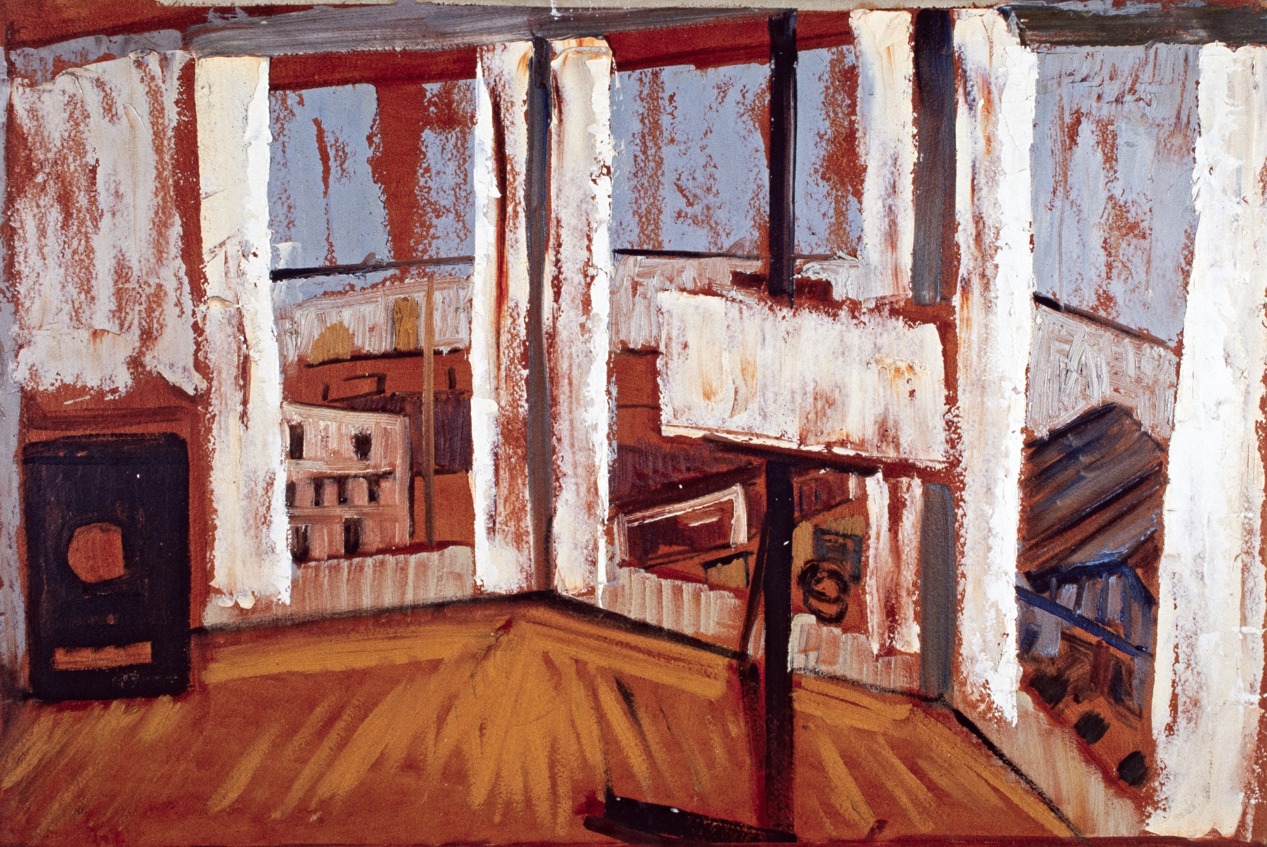 Interior Scene with Windows, oil on particle board, 1960s.