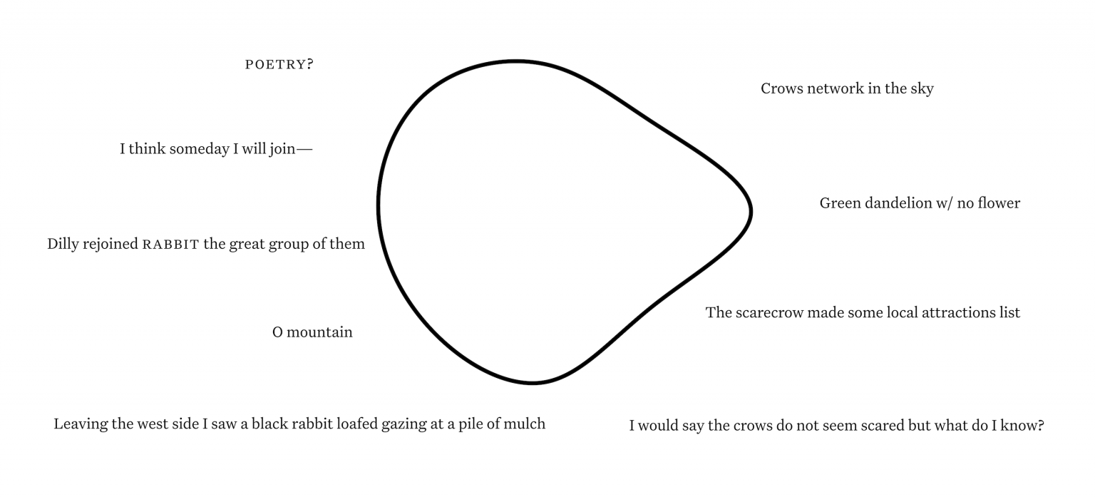 
    An organic line-drawn shape is rounded on the left side and a bit more softly pointed on the right side. Horizontal lines of verse flank the left and right sides of the shape. Text, listed here clockwise starting in the noon position, but can be read in any direction starting from any point: “Crows network in the sky / Green dandelion w/ no flower / The scarecrow made some local attractions list / I would say the crows do not seem scared but what do I know? / Leaving the west side I saw a black rabbit loafed gazing at a pile of mulch / O mountain / Dilly rejoined RABBIT the great group of them / I think someday I will join— POETRY?”
            