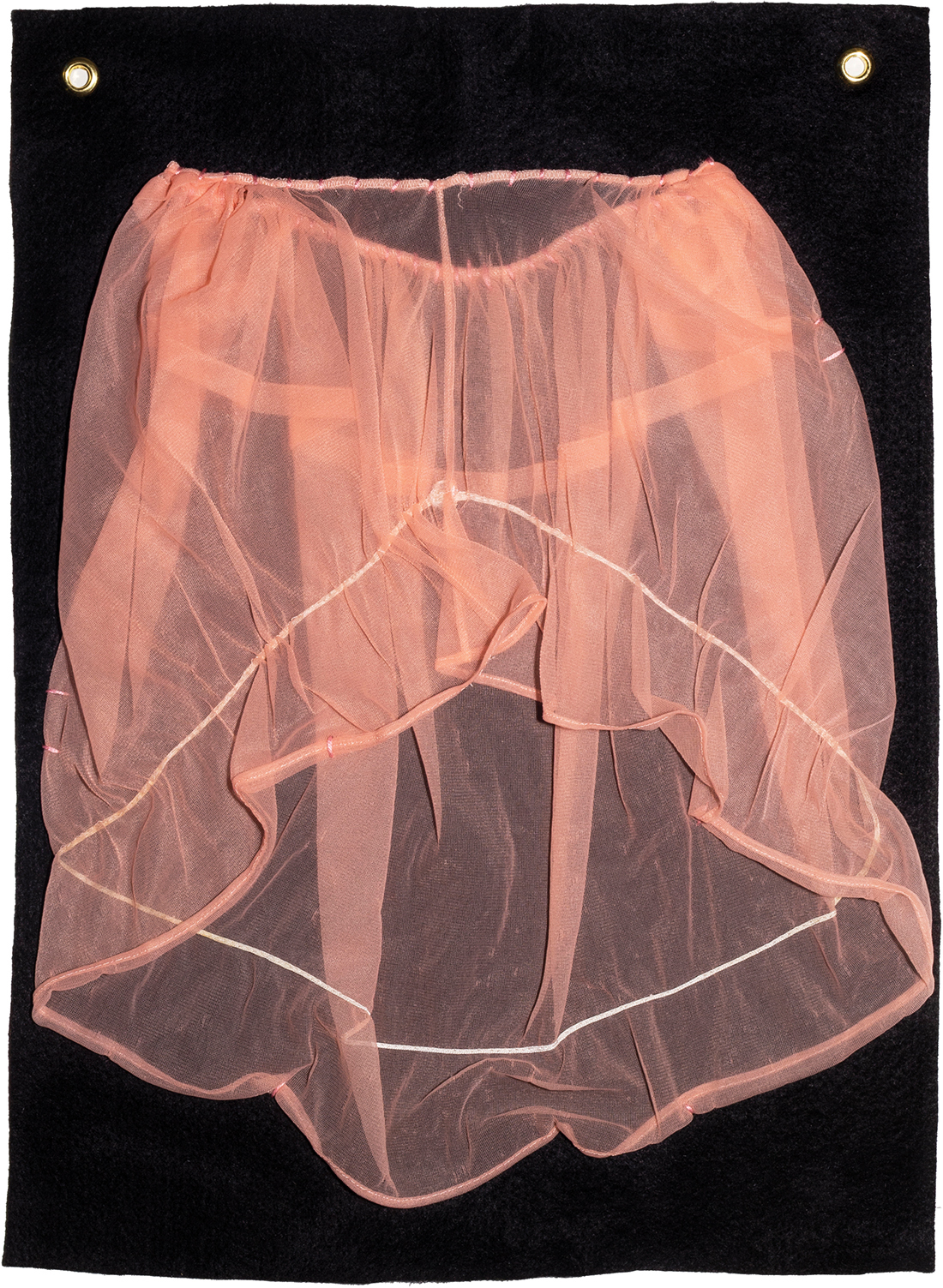 Pink mesh undergarments sewn to a black background.