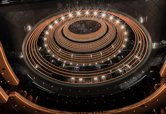 Looking up at the ceiling of the Meade Theater in the Schuster Center
