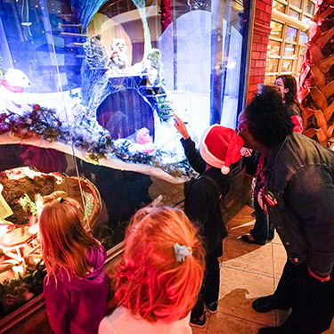 Young boy in a Santa hat pointing to a Merry Makeover display in the Kettering Wintergarden at the Schuster Center