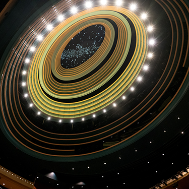 Looking up at the Schuster Center Meade Theatre ceiling.