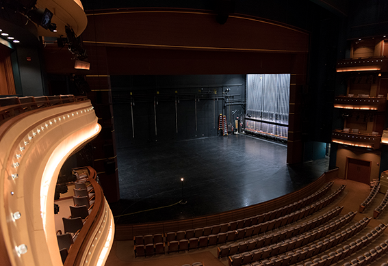 Mead Theatre stage with curtain opened as seen from the right balcony