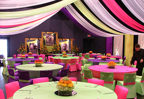 The Mathile Theatre at the Schuster Center decorated for an event.