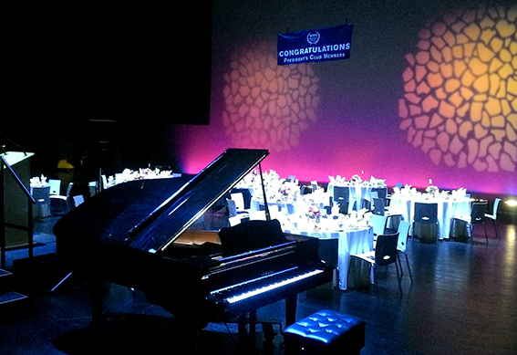 Mead Theatre stage at the Schuster Center set up for an event.