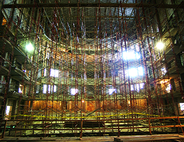 Scaffolding on the stage during the construction of the Schuster Center