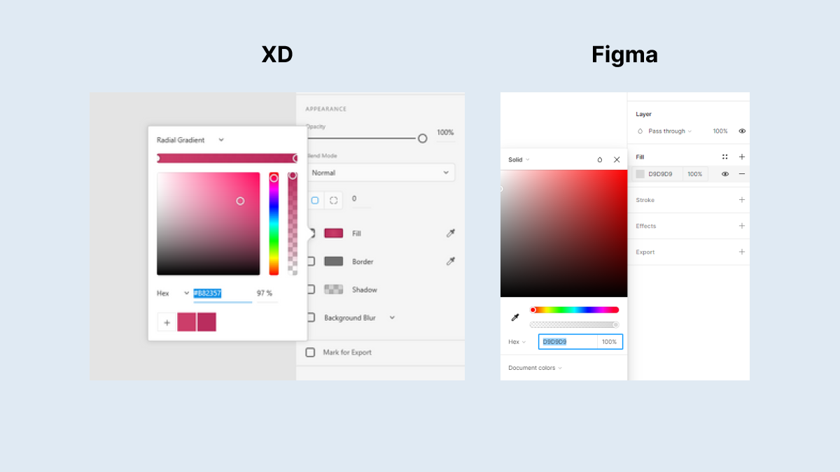 XD vs Figma color and effects panel