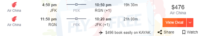 JFK to RGN, RGN to JFK