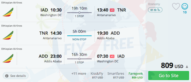 Washington to Antananarivo, Addis Ababa to Washington