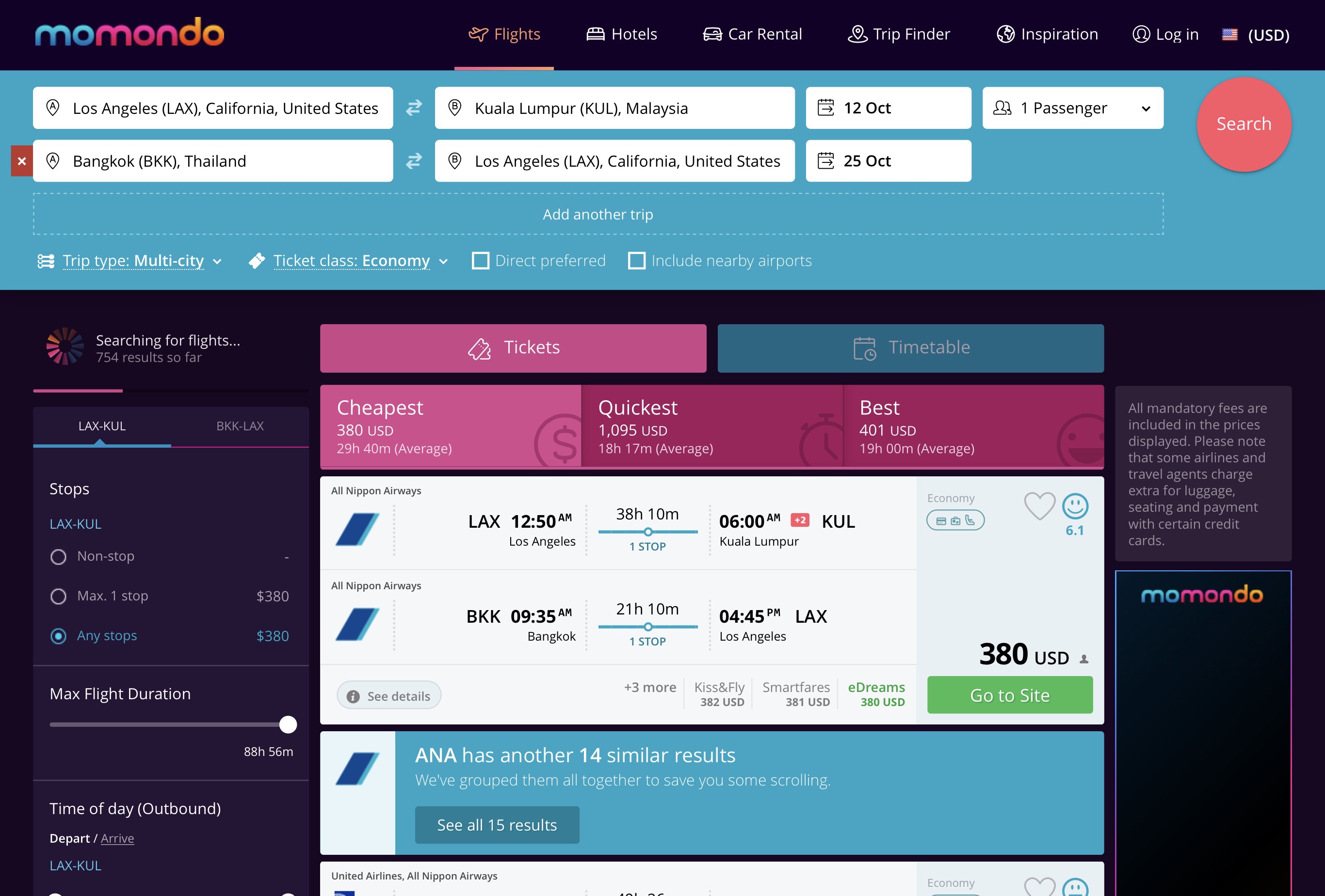 LAX to KUL, BKK to LAX $380 r/t