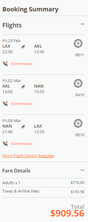 LAX to AKL, AKL to NAN, NAN to LAX