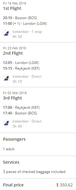 BOS to LGW, LGW to KEF, KEF to BOS