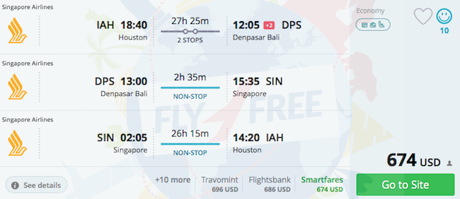 IAH to DPS, DPS to SIN, SIN to IAH