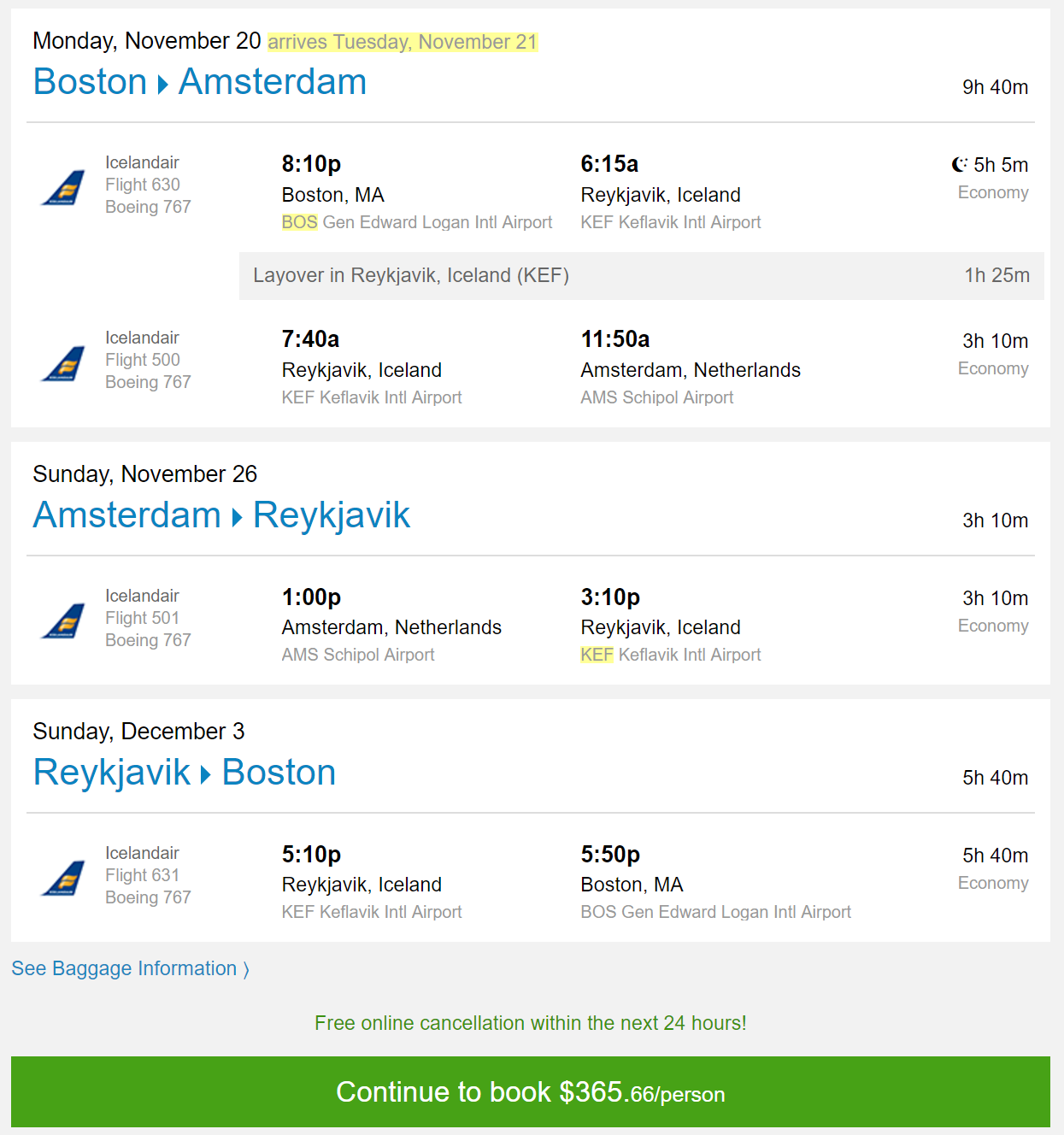BOS to KEF, KEF to AMS, AMS to KEF, KEF to BOS