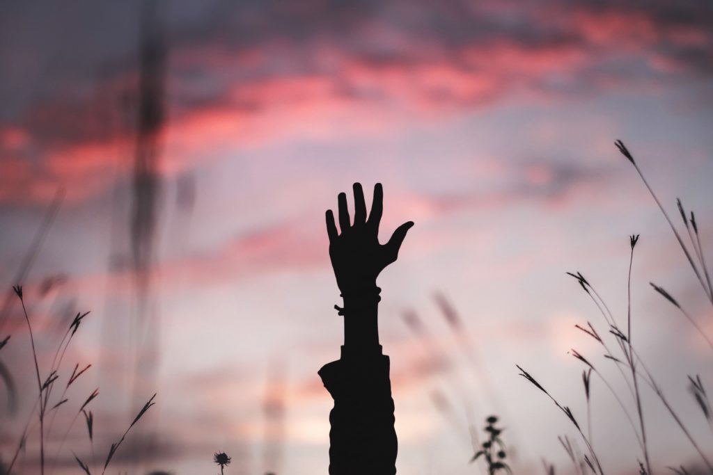 person raising hand in field