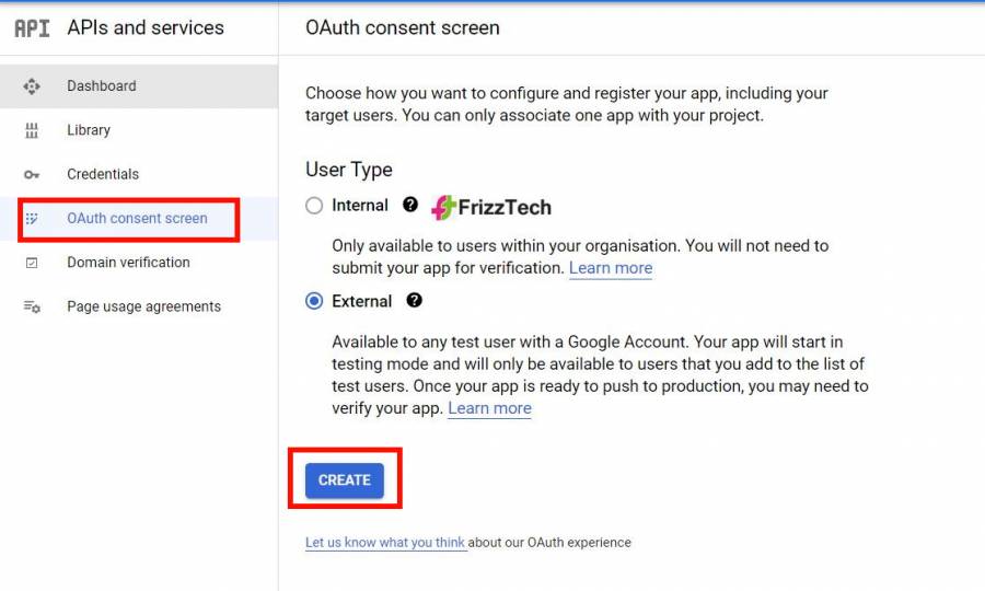 API consent screen