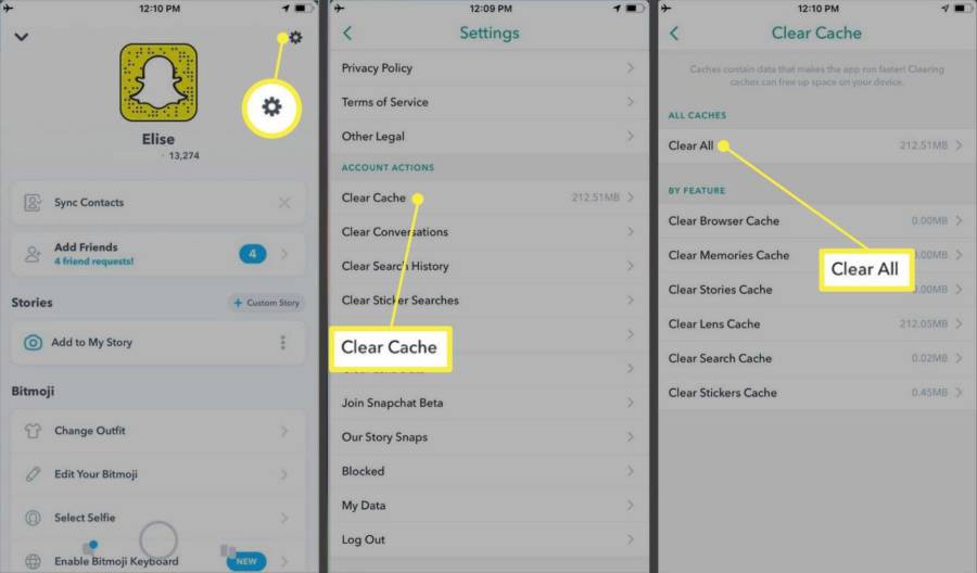 cache clear for snapchat