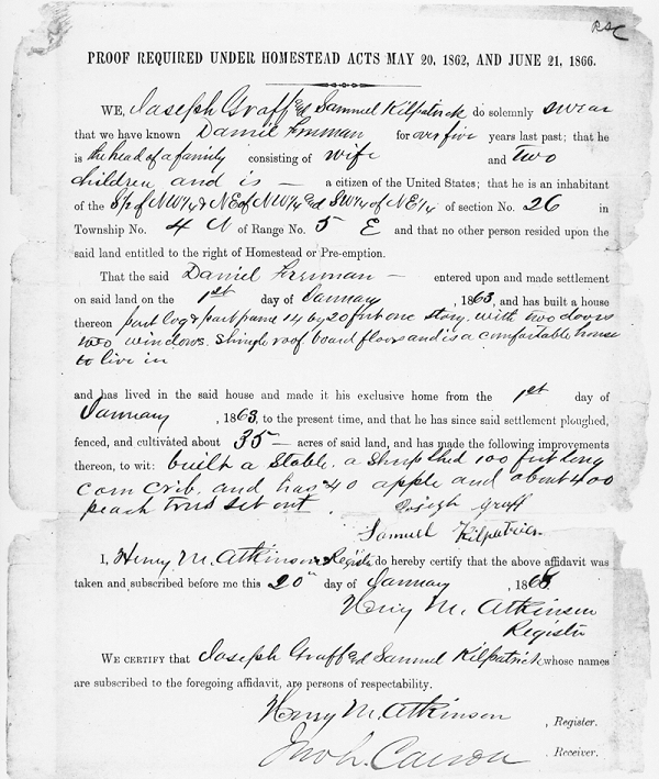 Daniel Freeman Proof of homestead Improvements Daniel Freeman Proof of Improvements