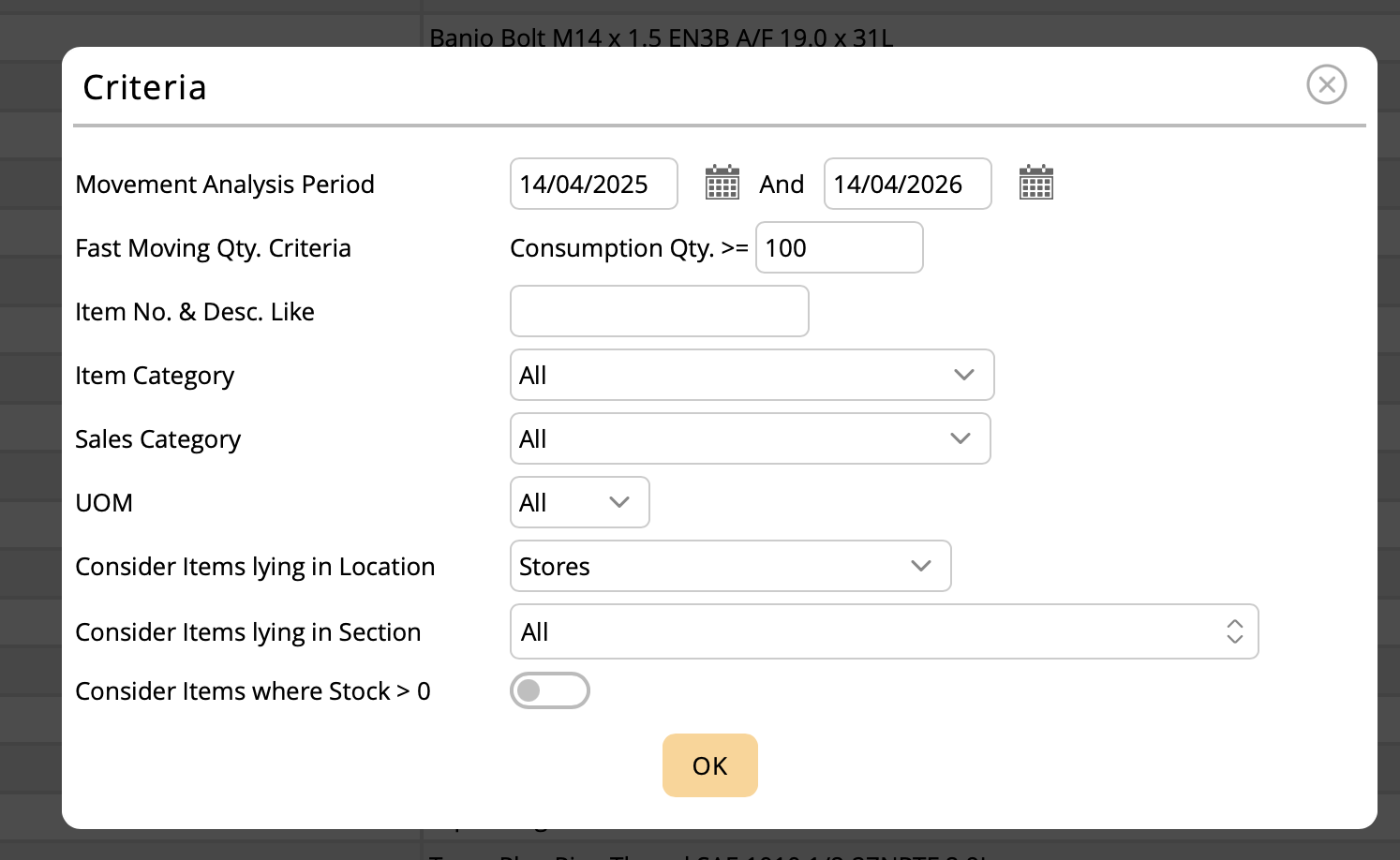 This report can be filtered for a particular period and for multiple other criteria such as Item Category, Sales Category, Unit of Measurement, Stores Location etc. You can also set the criteria of consumption rate for the items to qualify as fast moving.