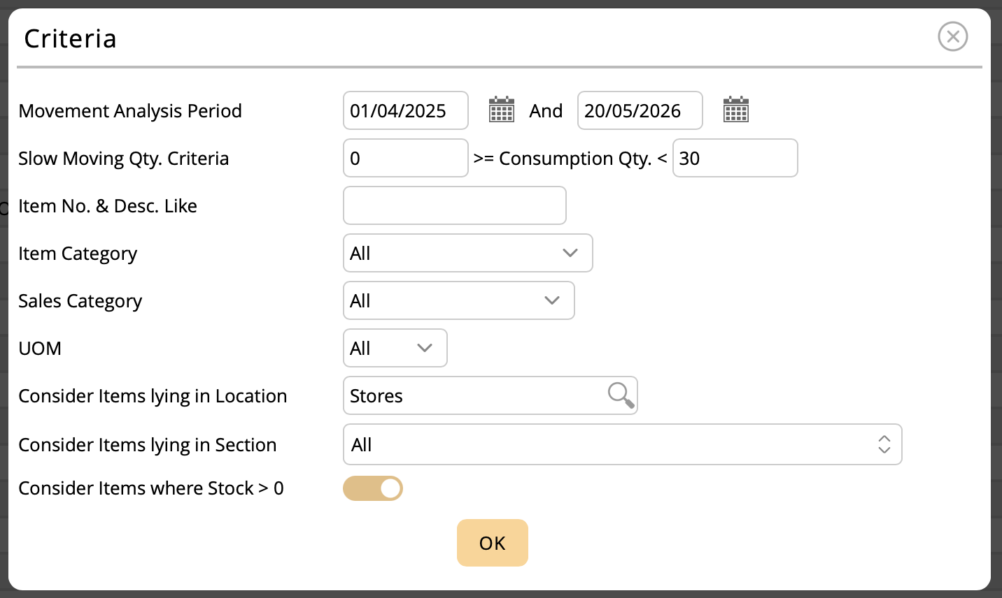 This report can be filtered for a particular period and for multiple other criteria such as Item Category, Sales Category, Unit of Measurement, Stores Location etc. You can also set the criteria of consumption rate for the items to qualify as fast moving.