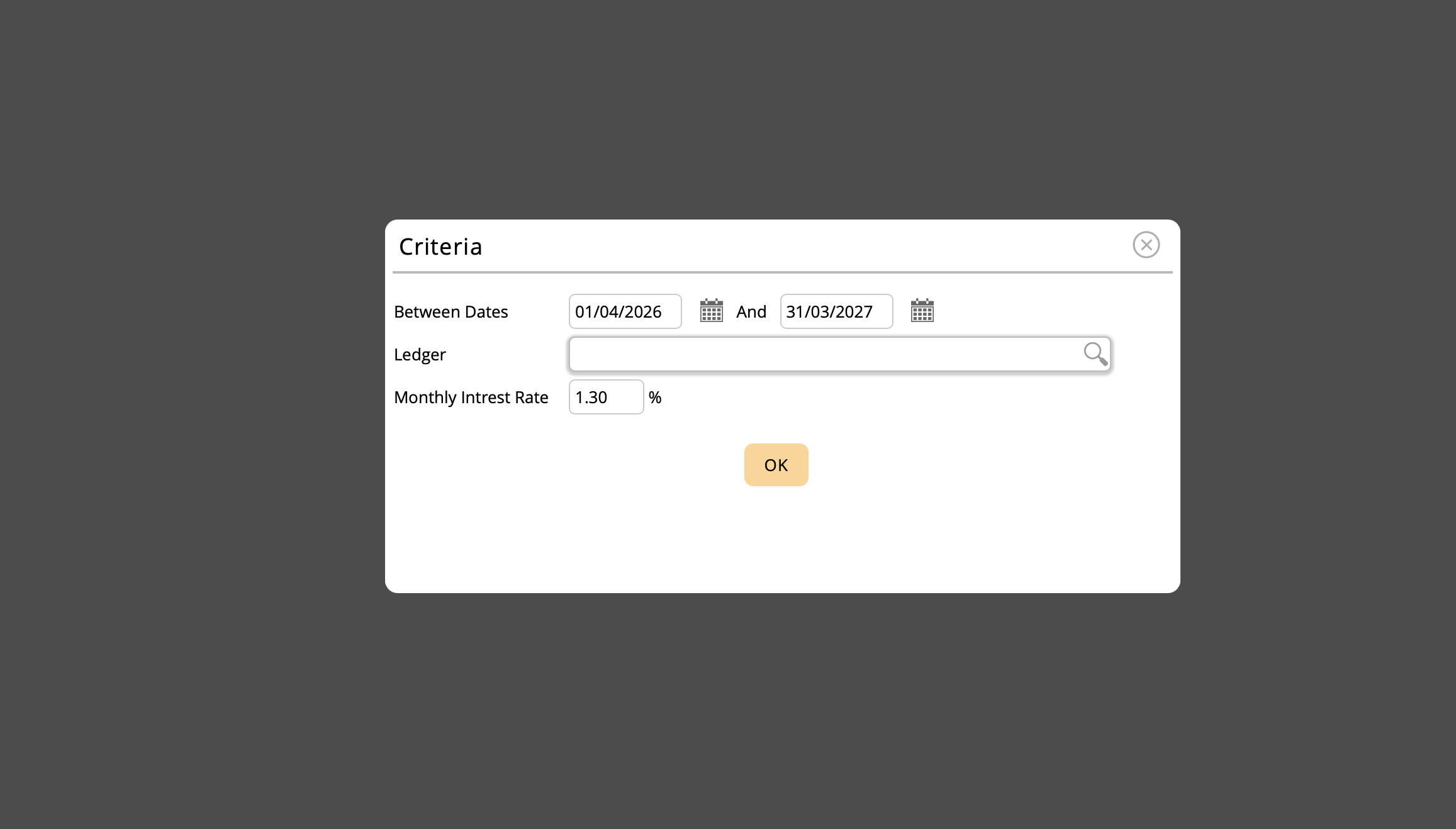 This report opens for one customer at a time for a given date range. You can set the interest rate
