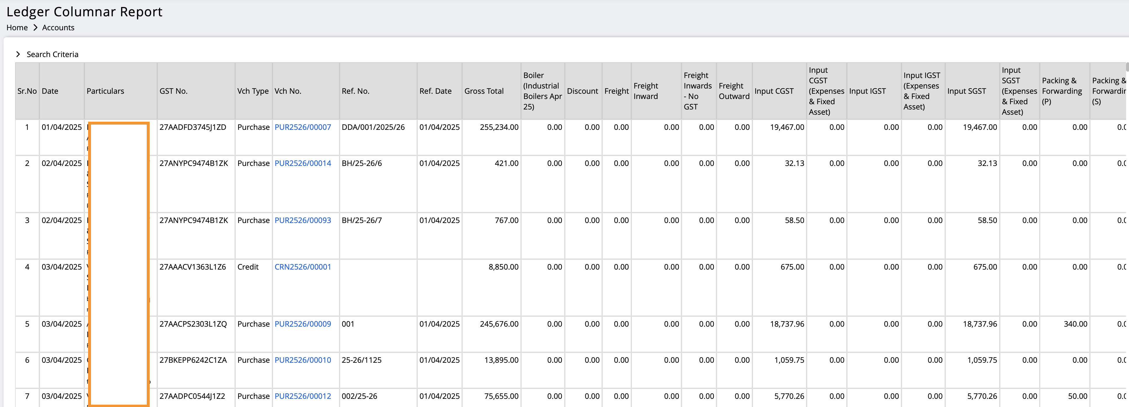 Report showing Columnar Report for a given Accounting ledger