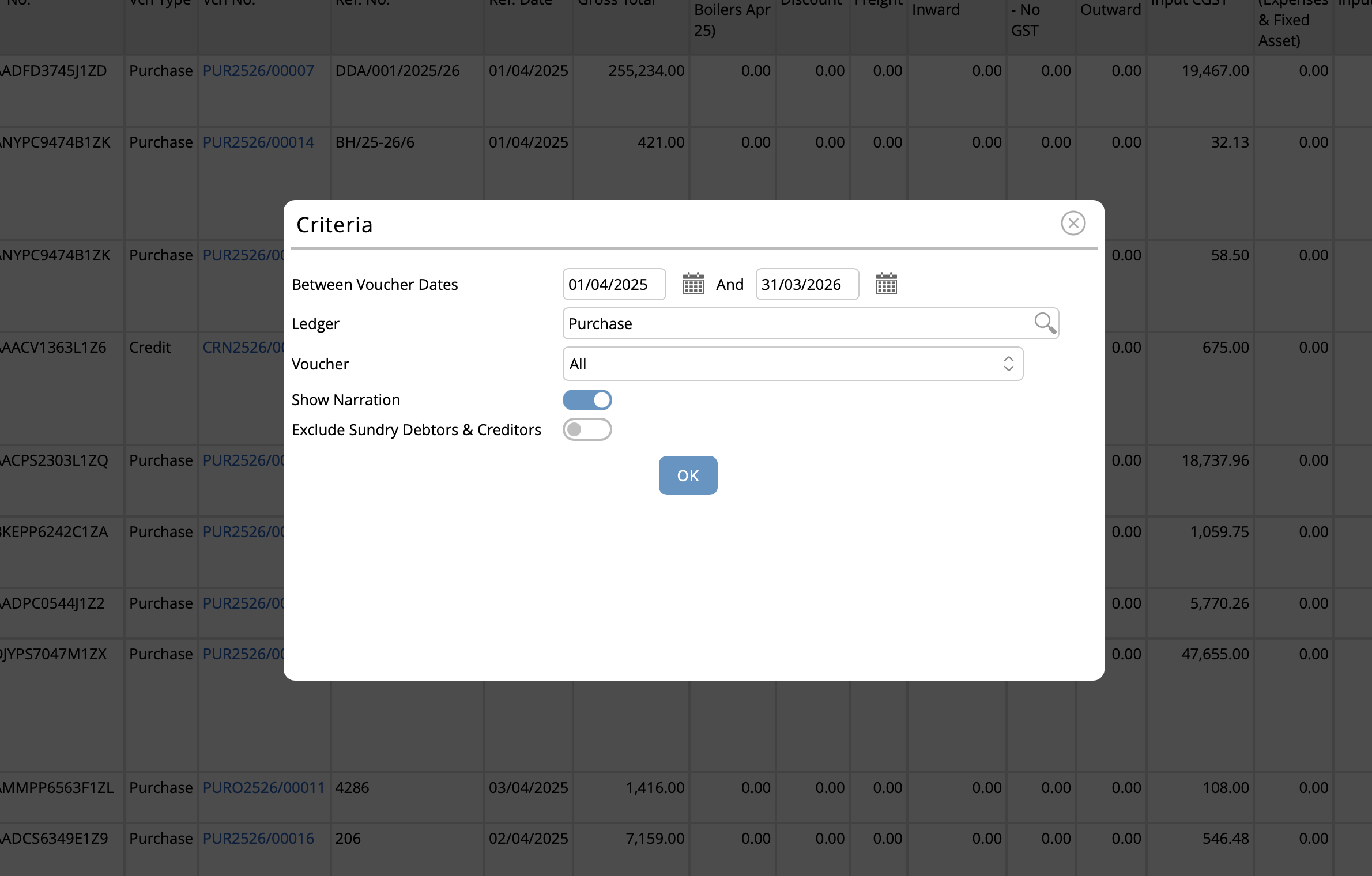 This report can be filtered for a give Ledger, between dates and Voucher Type. You can also Exclude Sundry Debtors and Creditors
