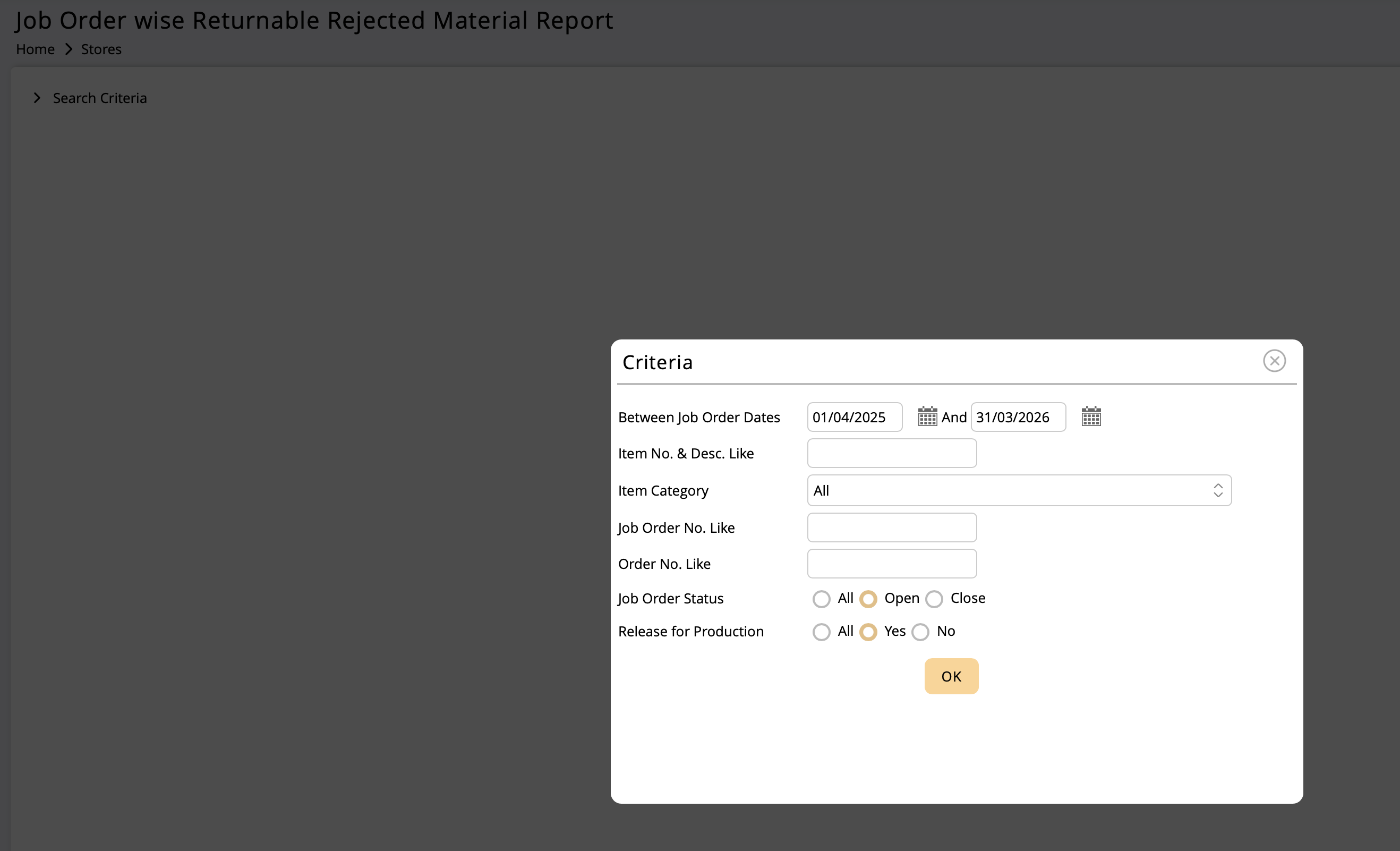 This report can be filtered for Job Order Dates, Item No., Item Category, Job Order No, Order No and Job Order Status.