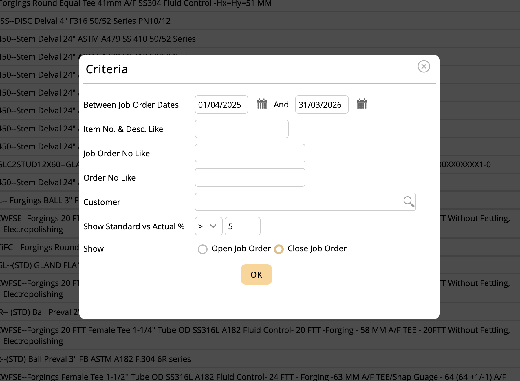 This report can be filtered for Job Order Dates, Item No., Item Category, Job Order No, Order No and Job Order Status. You can also filter where the difference between standard cost and actual cost varies over a certain percent.