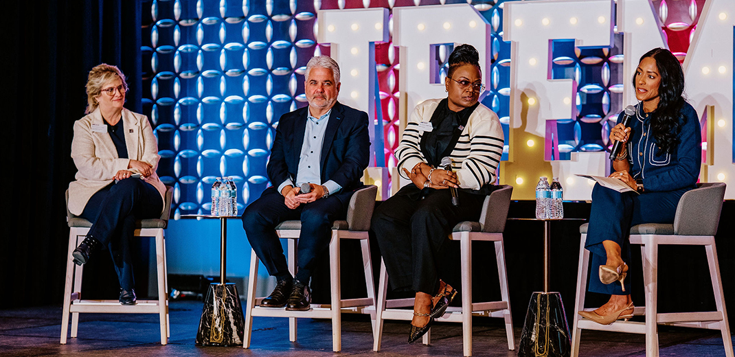 At PropertyCon in Boston in April, 2025 President Dawn Carpenter, CPM®, leads a panel on networking with Sal Dragone, CPM®, CCIM; Toni Harris, CPM®, ARM®; and Tatiana Dwight.