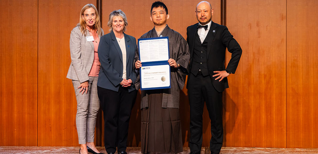 In June, 2025 President-Elect Mindy Gronbeck, CPM® (left), and 2025 IREM President Dawn Carpenter, CPM® (second from left), joined outgoing IREM Japan Vice President Takashi Yoshimura, CPM® (right), in welcoming one of the 80 new CPMs from across Japan.