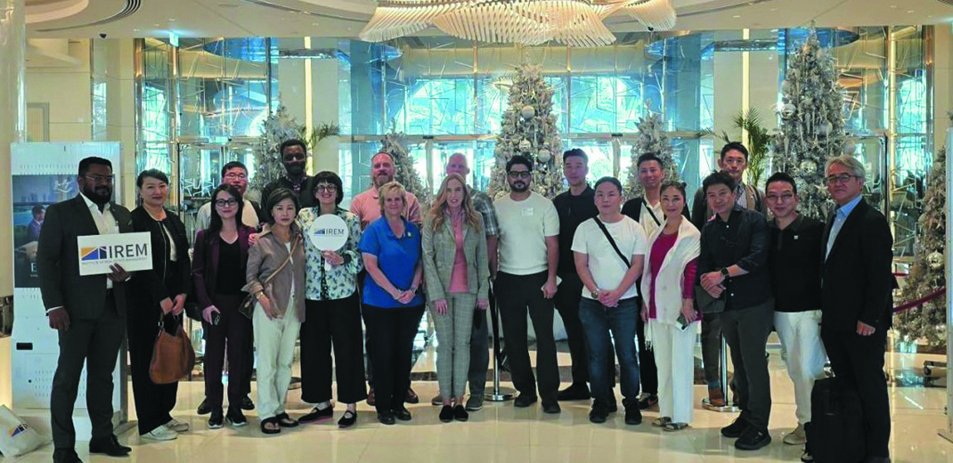 IREM President Mindy Gronbeck, CPM®, CCIM, (Executive VP | HAWKINS, AMO®), center of
photo, gathers with IREM members and attendees from around the world in the lobby
of the Hilton Palm Jumeriah, Dubai, UAE. The group is getting ready to depart on an
excursion to the Dubai Expo City, as part of the 2025 UAE Celebration Event, during which
IREM welcomed over 60 new CPM®, ARM®, and ACoM® members.