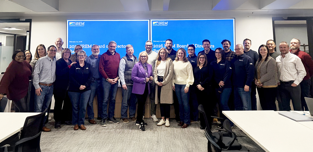 IREM President Mindy Gronbeck, CPM®, CCIM (center), with the IREM Board of Directors and other IREM leaders at a retreat in Chicago, February 2026.