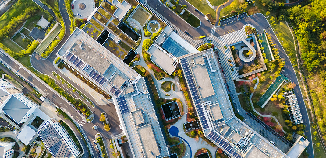 Aerial View, Roof Garden With Solar Panels