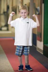 Tommy is open to talking about his leg, helping to educate other kids about how we all have differences.