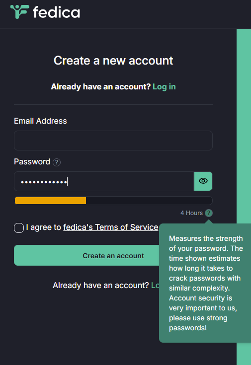 Screen showing account creation on Fedica, with a password strength indicator