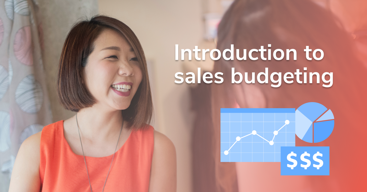 Photograph of an Asian businesswoman with text reading "Introduction to sales budgeting"