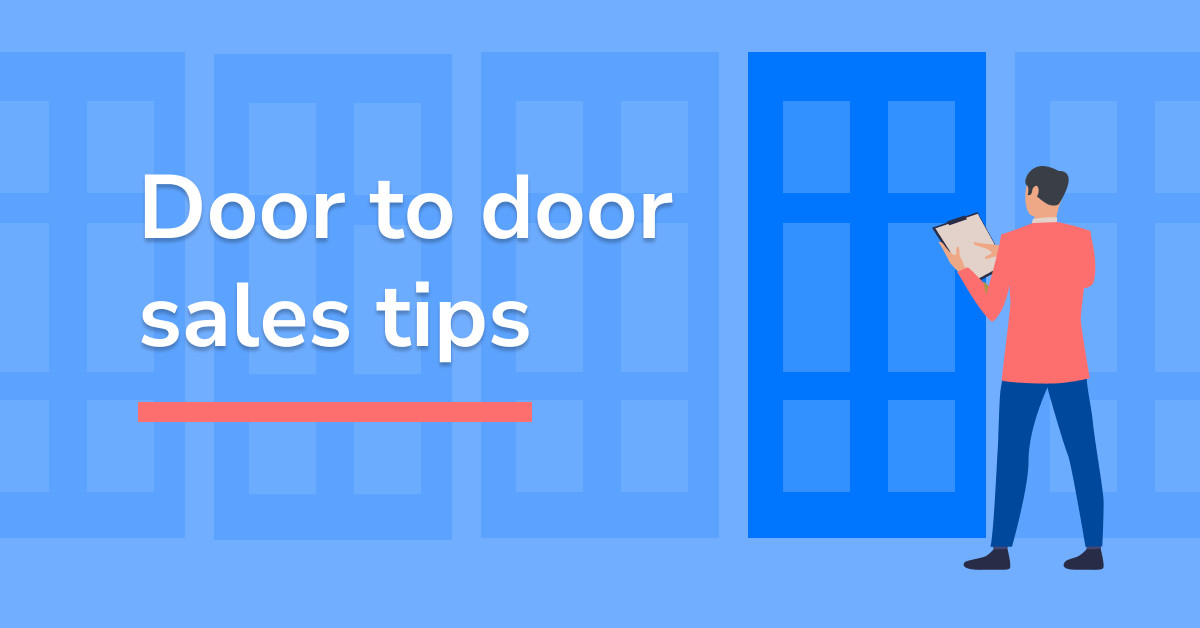 Illustration of a salesman knocking on a door with text reading "Door to door sales tips"